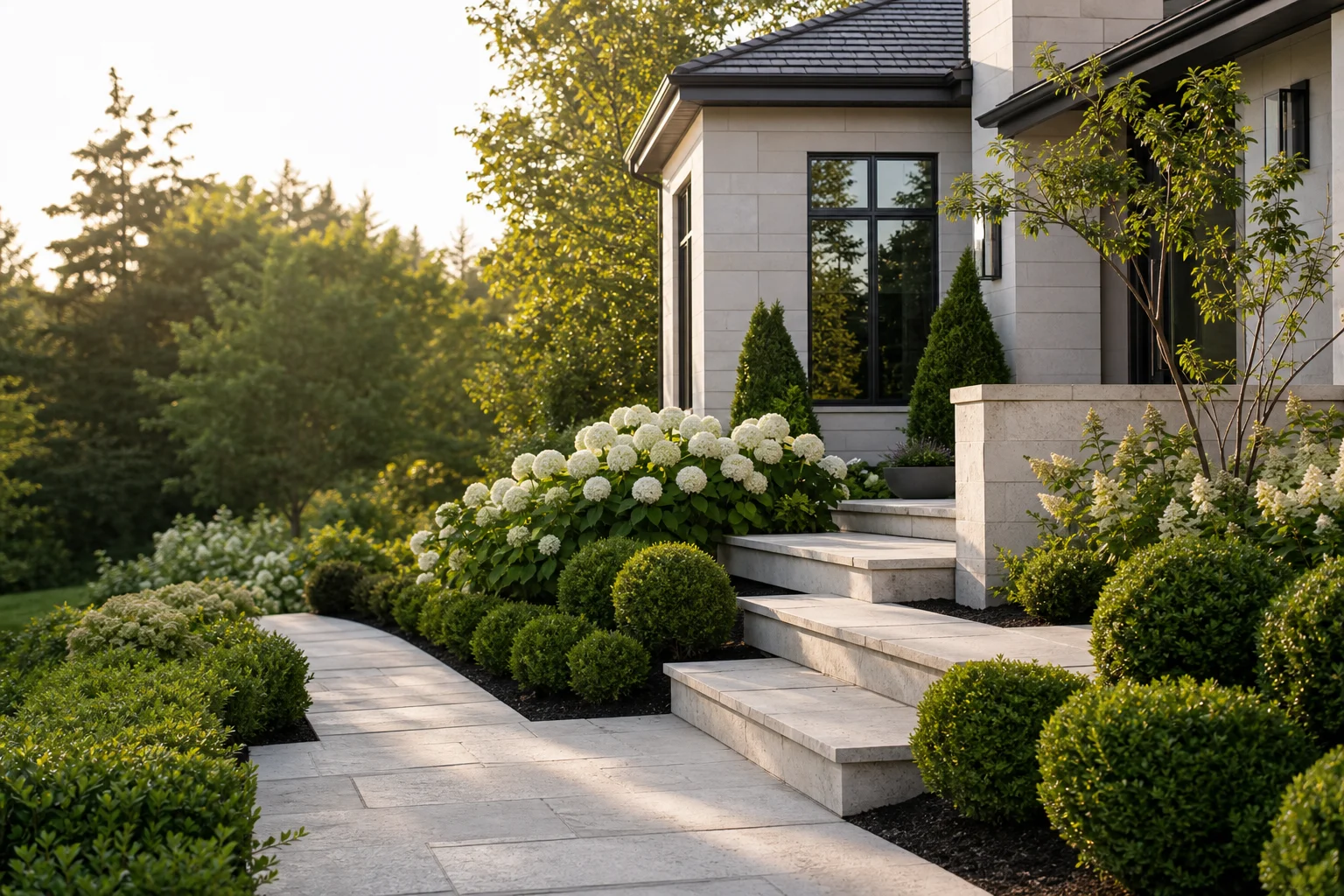 Modern front entry landscape with stone steps, hydrangeas, evergreens, and manicured shrubs