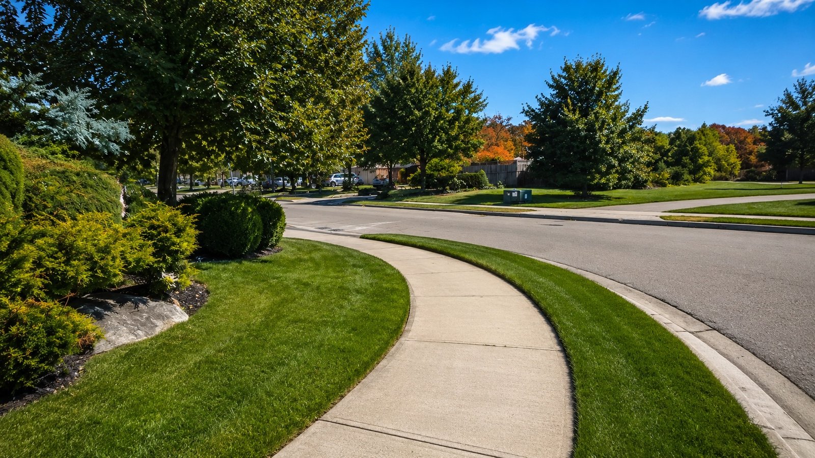 Curved walkway bordered by lush lawn, shrubs, and maintained planting beds