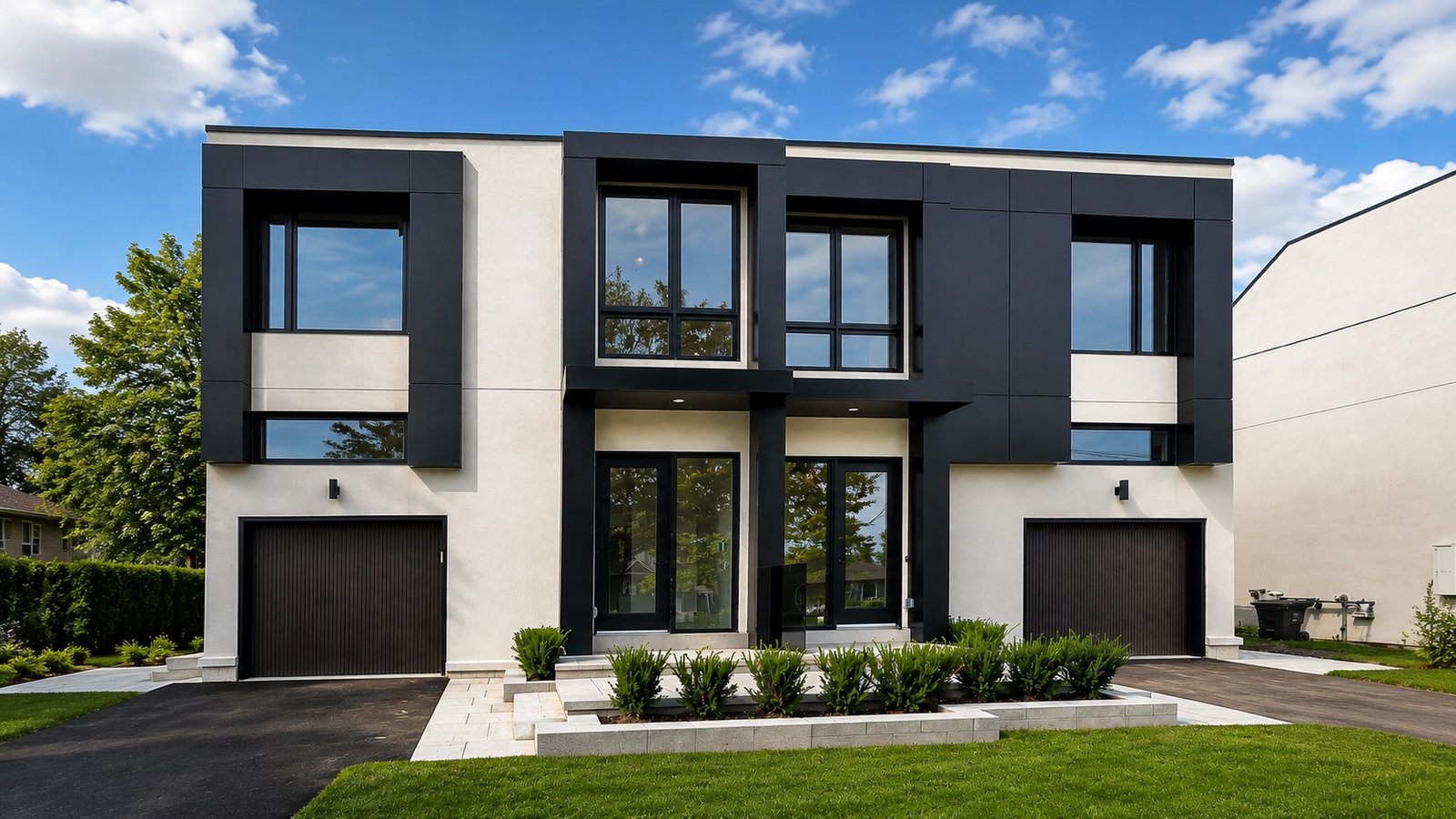 Modern home front landscape with structured planting, clean lawn, and stone edging