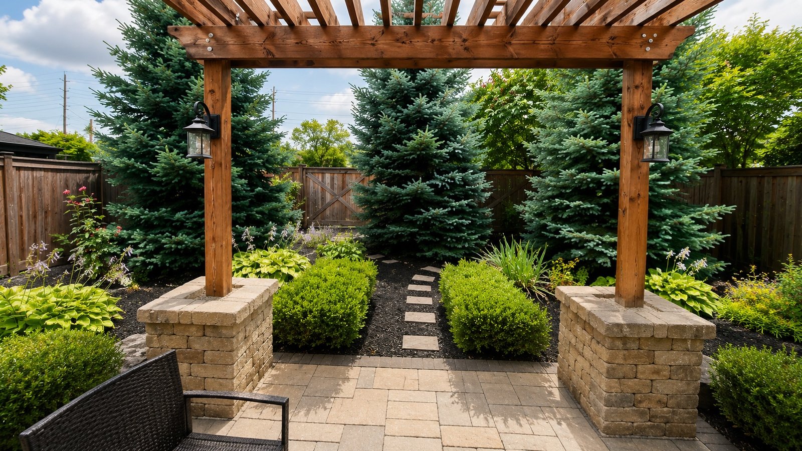 Backyard pergola landscape with evergreens, stone pillars, and garden planting