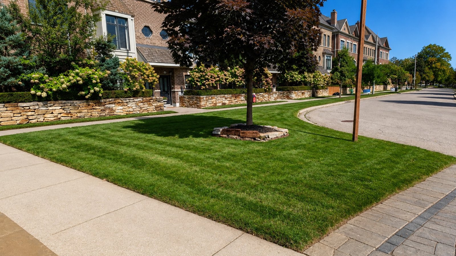 Residential rowhome lawns with stone retaining walls and manicured planting beds